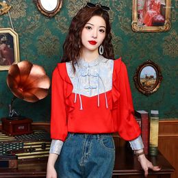 Women's Blouses Spring Retro Improvement Large Plate Button Chinese Style Red Ethnic Long Sleeve Spliced Shirt Women Tops