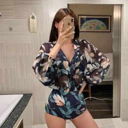2023new Floral Mesh One-piece Swimsuit Women French Retro Sexy Halter High Waist Bikini