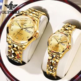 Wristwatches OUPOINKE Original Couple Watch Gold Tungsten Steel Strip Waterproof Fully Automatic Mechanical Week Calendar