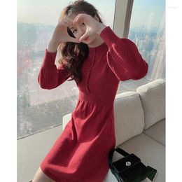 Casual Dresses Red Knitted Dress Women Autumn And Winter 2024 Solid Half High Collar Small Lantern Sleeve Pullover Underlay Female