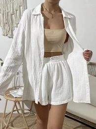 Women's Sleepwear 2 Pcs Shorts Set Cotton Pajamas For Women Turn-Down Collar Sleep Tops Suits With Gauze Cardigan Homewear Summer