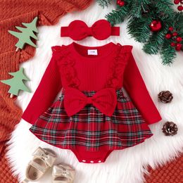 ma baby 0-12M Christmas born Infant Baby Girls Romper Red Plaid Knit Long Sleeve Bow Jumpsuit Headband Xmas Costumes Outfits 240507