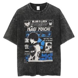 T-Shirts Blue Lock Anime Washed T Shirt Isagi Yoichi Tshirt Oversized Short Sleeve Tops Manga Tshirt Cotton Vintage Haruku Streetwear