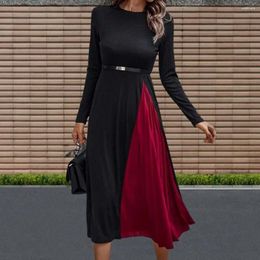 Casual Dresses Women Dress Long Sleeves Round Neck Colour Matching Mid-calf Length Big Hem Dress-up Elegant Pullover Autumn For Dating