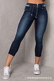 Women's Jeans Tied Detail Button Pocket Design Women Slim Calf Length Skinny Fashion Summer Spring Pants Leggings