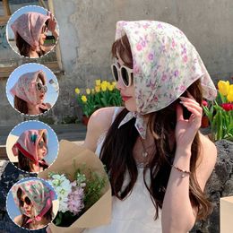 Bandanas Durag 55 * 55cm floral hair scarf cotton linen square headscarf Bandana small shawl travel photo headband girl hair accessories Ins 240426