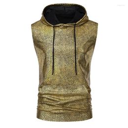 Men's Tank Tops 70's Disco Shiny Metallic Vest With Hood Sleeveless Drawstring Men Clothing Fashion Harajuku Night Club Streetwear T Shirt