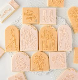 Moulds Happy Wedding Cookie Cutter Press Stamp Bride Groom Ring Embosser Mould Acrylic Fondant Sugar Forms DIY Cookie Decorating Tools