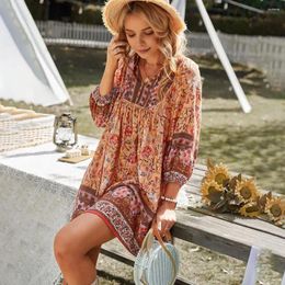 Casual Dresses Loose Fit Resort Dress Bohemian Style Floral Print V Neck Mini With Drawstring Patchwork Details For Summer Vacation Beach