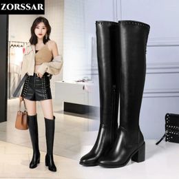 Boots Women Cow Leather Over The Knee Ladies Solid Pointed Toe Tall Autumn Winter Warm Shoes Female Slim Thigh High