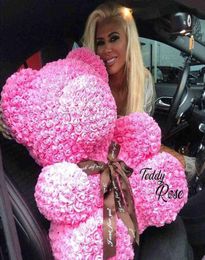 Drop 40cm Rose Bears in Box 25cm Bear of Roses Ribbon Rose Teddy Bear Valentine Mothers Day Gift for Women Whole Y1212707674