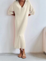 Party Dresses Women 2024 Trendy Ribbed Midi Dress Half Sleeve Collared V Neck Knit Casual Loose Solid Side Slit Long Sweater