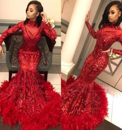 Black Girl Red Long Sleeve Mermaid Prom Dresses High Neck Sequined Lace Appliques Feather Bottom Evening Gowns Formal Party Dress 6509071