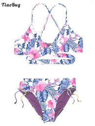 Women's Swimwear 2024 Flower Printed 2Pc Kids Girl Bikini Swimsuit V Neck Adjustable Shoulder Straps Criss Cross At Rear Triangle Bra Suit