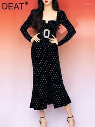 Casual Dresses Black Velvet Square Neck Dress For Women Fashion Long Sleeve Dot Print Christmas Female 2024 Spring 15KB5451