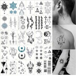 DX49 Tattoo Transfer 30pcs/set Tattoos Temporary Waterproof Totem Moon Geometric Fake Tatoos Stickers for Men Women Hands Arm Neck Leg Wrist Tatuajes 240427