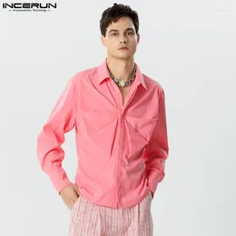 Men's Casual Shirts INCERUN Tops 2024 American Style Fashion Men Pleated Design Well Fitting Solid Lapel Long Sleeved Blouse S-5XL