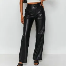 Women's Pants Women Straight-leg Stylish High Waist Faux Leather Wide Leg With Side Pockets Retro Slim Fit Street For A