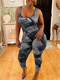 Womens Plus Size Denim Jumpsuit 5XL - Scoop Neck Slim Fit Medium Stretch Tank with Printed Design 240420