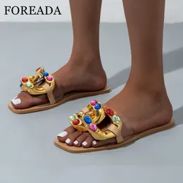 Slippers FOREADA Women Slides Square Toe Flat Sandals Crystal Metal Decoration Transparent Ladies Fashion Casual Shoes Summer 42