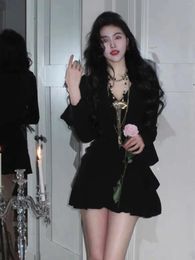Casual Dresses Women Sexy V Neck Ruffles Birthday Party Spring Autumn Elegant Long Sleeve Black Mini Vestidos Korean Clothes Female