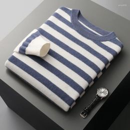 Men's Sweaters Autumn And Winter Merino Wool Cashmere Sweater O-neck Pullover Knitted Striped Contrast Fashion Loose Top Coat