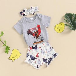 Clothing Sets Baby Girl Farm Outfits Chicken Print Short Sleeve Romper Ruffled Shorts Headband Set Summer Country Clothes