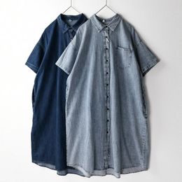 Party Dresses American Retro Loose Denim Long Shirt Midi Dress 2024 Women Summer Vintage Basic All-match Big Size Tunic For Chubby