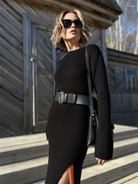 Casual Dresses Autumn Solid Long Sleeve Knitted Midi Dress Women Elegant Sexy Bodycon Slit Party Outfits Office Lady Casaul 2024
