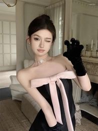 Work Dresses Sweet Two Pieces Sets Woemns Spicy Strapless Top And Mini Skirt Suits Elegant Pink Bowtie Fashionable Black 2 Outfits