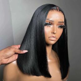 Synthetic Wigs 13x4 Lace Front Wig Bob Human Hair Straight 180% Full Density HD Transparent Q240427