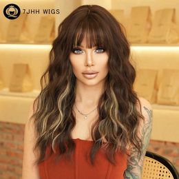 Synthetic Wigs 7JHH wig clothing loose wave black with tight bangs high-density synthetic layer high gloss white hair Q240427