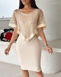 Party Dresses Women's Fashion Cloak Sleeve Contrast Sequin Slit Bodycon Dress Summer Casual Round Neck Half Skinny Daily Midi