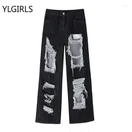 Women's Jeans American Retro Baggy Washed Black Wide Leg Pants Ripped Hole High Waist Full Length Trousers Ins Korea Fashion Y2k Streetwear