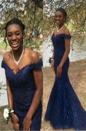 Elegant African Navy Blue Plus size Evening Dresses 2022 Off the shoulder Lace Applique with Cap Sleeve Long Prom Pageant Dress fo2776121