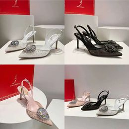 New 2024 Rene Caovilla Sandals Women 7.5CM High Heel Crystal Decoration Designer Casual Slingbacks Buckle Pointed Mesh Wedding Shoes Original Quality