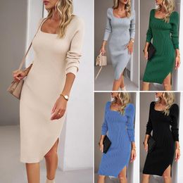 Casual Dresses 2024 Autumn Winter Knit Wear Dress Square Neck Women Slim Fit Tight Long Sleeves Wrapped Hip Skirt Solid Colour Elegant