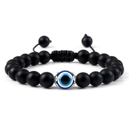 Beaded Mens Distance Evil Eye Bead Bracelet 8mm Natural Matte Tiger Agate Molten Rock Woven