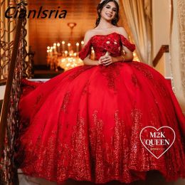 Red Sequined Appliques Lace Ball Gown Quinceanera Dresses Off The Shoulder Bow Corset Vestidos De 15 Anos