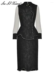 Casual Dresses Seasixiang Fashion Jacquard Pencil Dress Women Stand Collar Lantern Sleeve Diamond Beading Black Vintage Package Buttocks