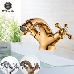 MYQualife Gold Bidet Basin Faucet Dual Handles Water Bathroom Sink Brass Single Hole Deck Mounted Water Mixer Tap16552440