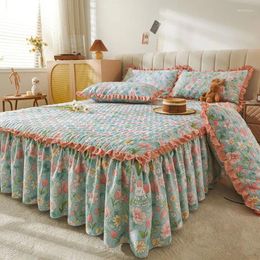 Bed Skirt 3pcs Floral Pattern Cotton Seasonal Universal Thick Sheets Ruffle Edge Hem Anti Slip Dustproof Bedspread
