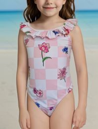 Designer Girls Flowers Printed one-piece Swimsuit Kids falbala one shoulder Letter swim Summer Beach Bathing Suits Fashion children holiday SPA swimming S1349