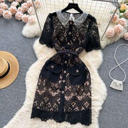 Hollow Out Crochet Black Lace Dress for Women Party Mini Vestidos De Fiesta Summer Runway Designer Embroidery Robes