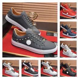 Male Plein Shoes Low-tops Lace-Up Luxury Designer Fashion High Quality Leather Phillip PP Metal Rivet Skulls Pattern Elements Casual Breathable Board Sneakers