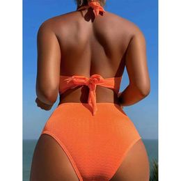 Women's Swimwear 2024 Sexy V-Neck Bikini Set High Waist Swimsuit Women Orange Black Push Up Rib Swimwear Summer Bathing Suit Bikinis Beachwear