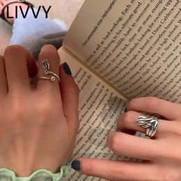 Cluster Rings LIVVY Silver Colour Fashion Antique Feather Adjustable Women Vintage Leaf Trends Creative Street Style Jewellery