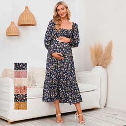 Maternity Dresses Pregnant womens clothing chiffon skiing spring and autumn small floral long sleeved polyester Q240427