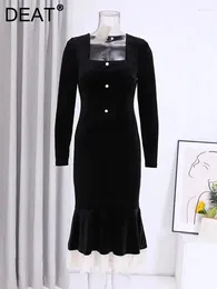 Casual Dresses Fashion Velvet Dress Women Square Neck Long Sleeve Buttons Full Patchwork Slim Spring 2024 Female 15KB5231
