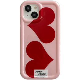 Cell Phone Cases Korean INS Rose Pink Double Hearts IMD Fashion Chic Case for iPhone 14 13 Pro Max Plus Back Phone Cover for 12 11 Pro Max Capa J240426